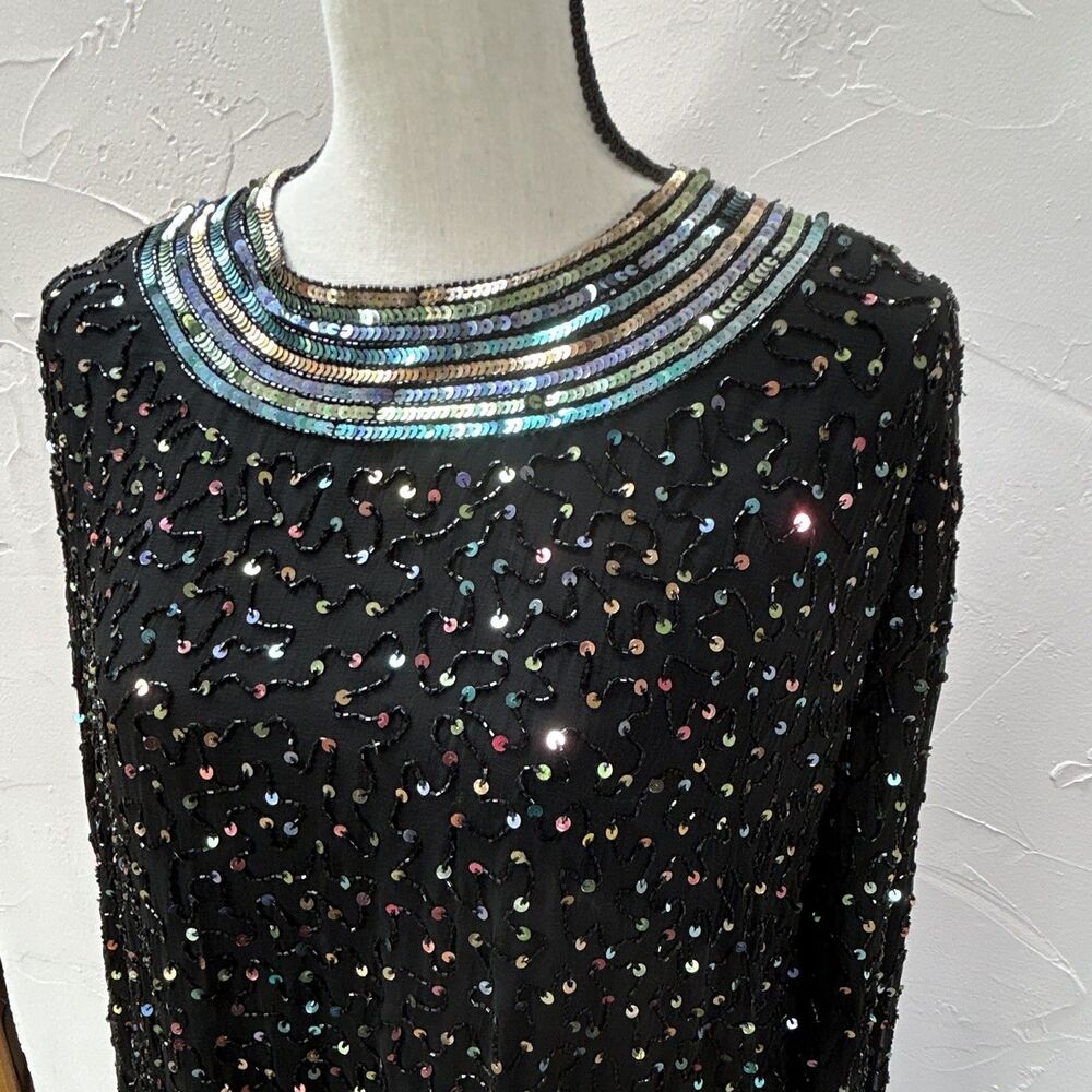 Vintage Silk Judith Ann Creations Black Multi Sequin Beaded Knee Length Dress L - Picture 2 of 13